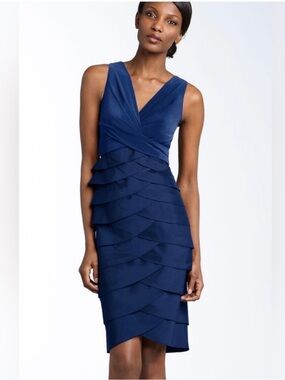 Adrianna Papell Blue Sheath Midi Tiered Chiffon Taffeta Dress Pleated, Size 4